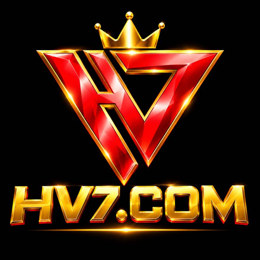 Golden crown aur red glossy triangle shape ke saath ek 3D 3D HV7 logo, jisme neeche gold letters mein "HV7.COM" likha hai aur background black hai.