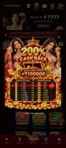 HV7.COM app ka promotional screen jisme "200% Cash Back" aur deposit reward chart dikh raha hai.