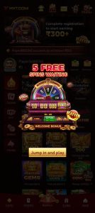 HV7.COM app ka screenshot jisme "5 Free Spins Waiting" aur "Welcome Bonus" wheel dikh raha hai.